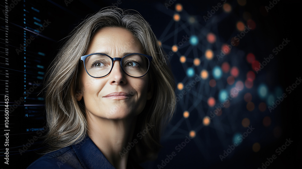 The cybersecurity expert engages with abstract data visualizations and dynamic network maps, concentrating on security interfaces in her smart casual attire The cybersecurity expert engages with abstract data visualizations and dynamic network maps, concentrating on security interfaces in her smart casual attire