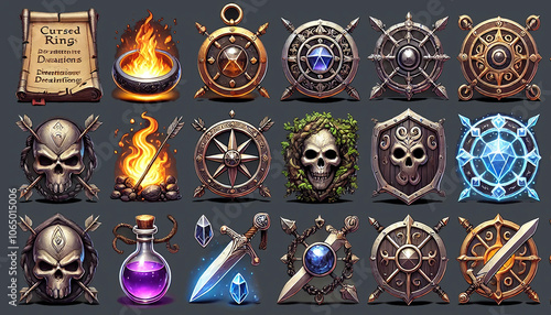 Assortment of shields enchanted crystals fire and skulls for RPG and fantasy designs