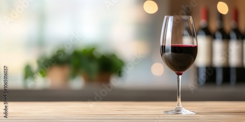 A glass of red wine on a wooden table with bottles in the blurred background.