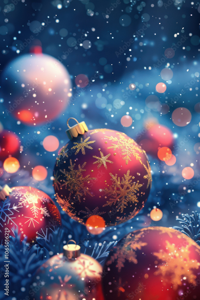 close up vertical christmas illustration of shiny decorative balls and a blurry background close up vertical christmas illustration of shiny decorative balls and a blurry background