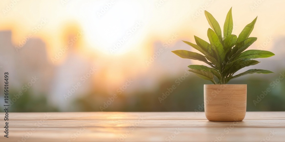 Fototapeta premium A potted plant on a wooden table with a soft sunset background.