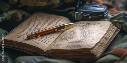 A vintage notebook with handwritten notes and a pen on a textured military background. photo