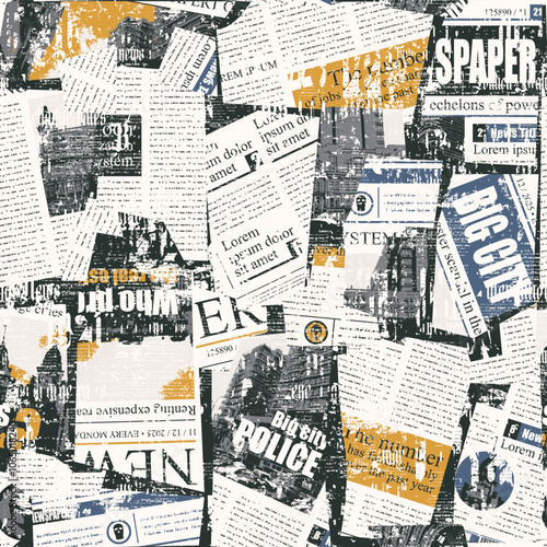 seamless pattern with collage of newspaper or magazine clippings. Vector background in retro grunge style with titles, illustrations city and imitation of text. Suitable for wallpaper, wrapping paper