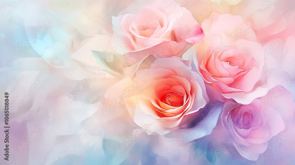Fototapeta premium Soft pink and white roses in dreamy, pastel background create serene and romantic atmosphere.
