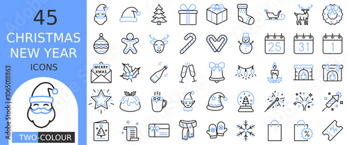Christmas, New Year two colour icons set. 