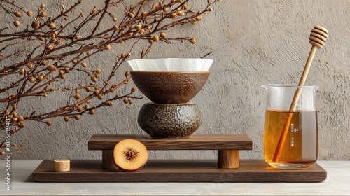 Japanesethemed coffee setup with ceramic dripper and wooden stand photo