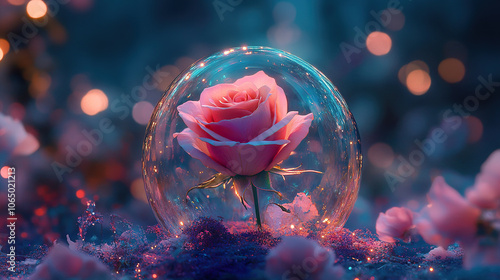 beautiful pink rose encased in glass dome, surrounded by soft bokeh lights and petals photo