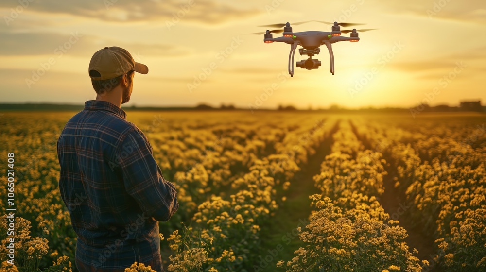Fototapeta premium Drone flies over a field of yellow flowering crops at sunset with a farmer observing in the foreground
