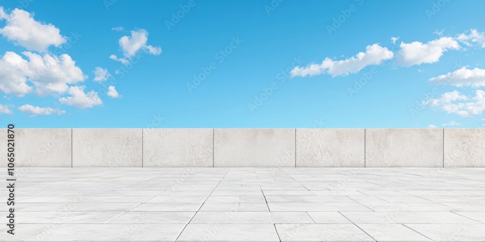 Fototapeta premium Empty rooftop with concrete wall against a clear blue sky.
