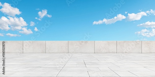 Empty rooftop with concrete wall against a clear blue sky. photo