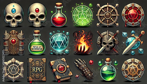 Alchemy potions fire elements magical gems and skull icons for fantasy RPG