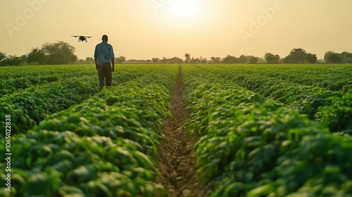 Farmer walks through green crop rows in a field, accompanied by a drone hovering above in the evening light photo