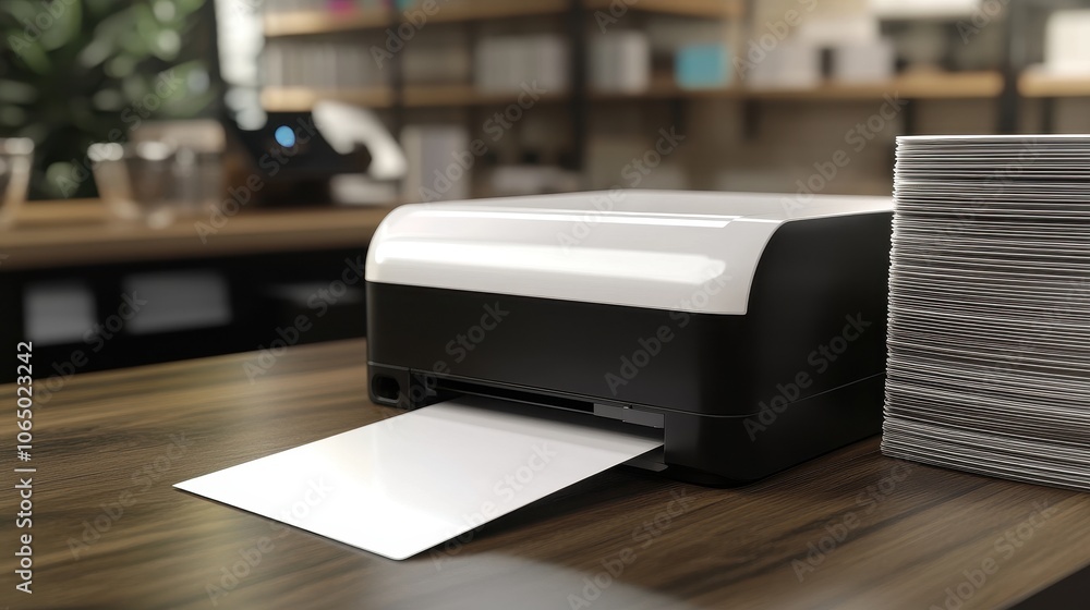 An ID card printer dispenses a new card with blank cards stacked nearby ...