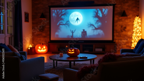 A spooky movie marathon is set up in a warm and inviting living room for a fun and relaxing Halloween evening