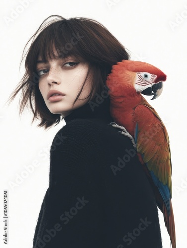 A striking portrait of a woman with an exotic parrot perched on her shoulder, blending elegance with a sense of adventure and the allure of the exotic. photo