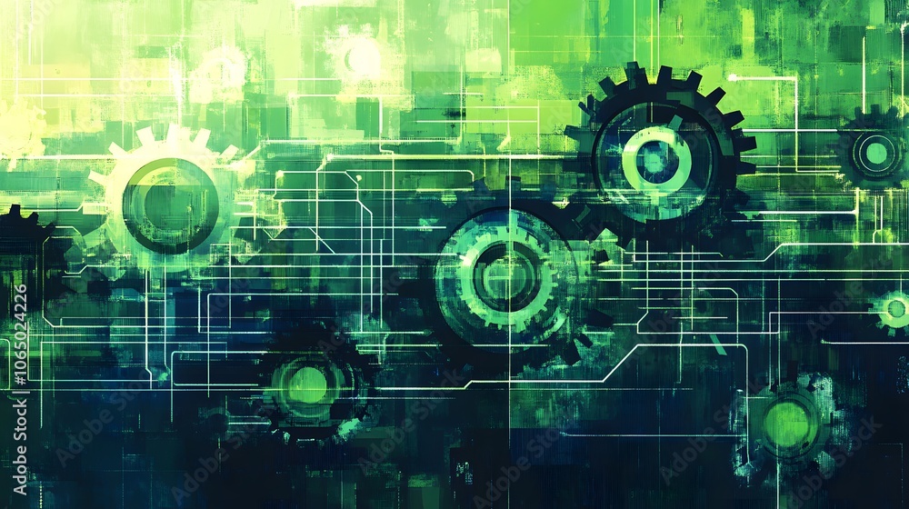 Fototapeta premium A green background with a lot of gears on it. The gears are all different sizes and are scattered throughout the image. Scene is one of complexity and intricacy, as the gears seem to be interlocking