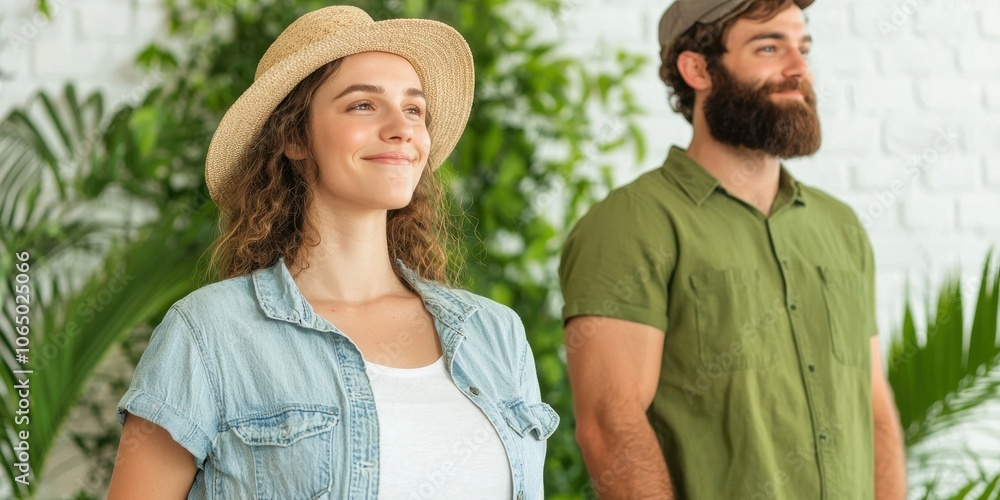 Obraz premium Happy couple standing in a green environment, smiling contently.