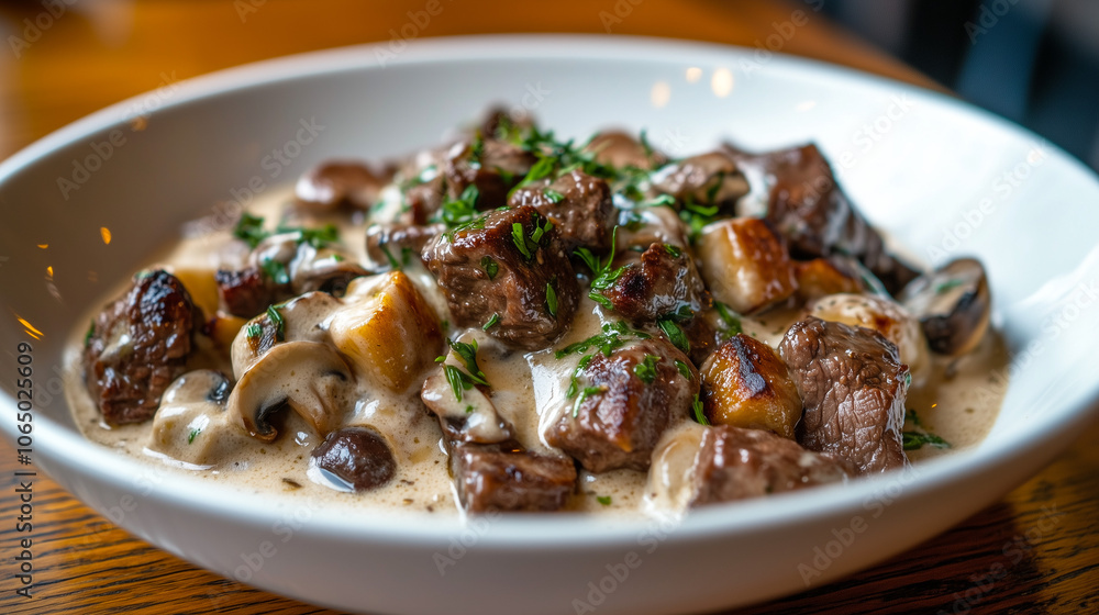 Traditional Russian Beef Stroganoff with Sautéed Mushrooms and Creamy Sauce, Garnished with Parsley on White Plate - Gourmet Meal Concept Traditional Russian Beef Stroganoff with Sautéed Mushrooms and Creamy Sauce, Garnished with Parsley on White Plate - Gourmet Meal Concept