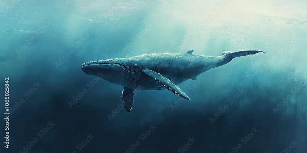 Fototapeta premium Humpback whale swimming gracefully in the ocean depths.