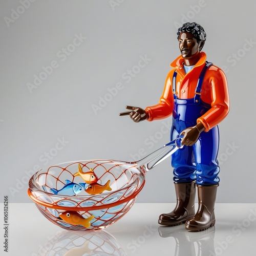 Elegant glass sculpture of a professional fishery worker in waterproof gear, showcasing dedication and skill in the art of fishing, generative ai photo