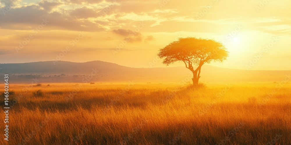 Fototapeta premium Lonely tree under sunset in golden grassland with distant hills.