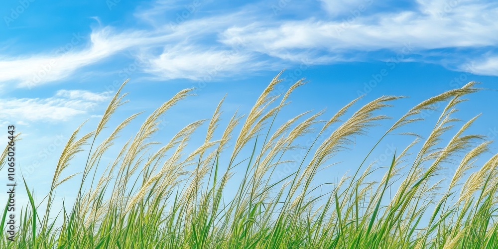 Fototapeta premium Lush green grass swaying in the breeze under a blue sky, nature's tranquility.