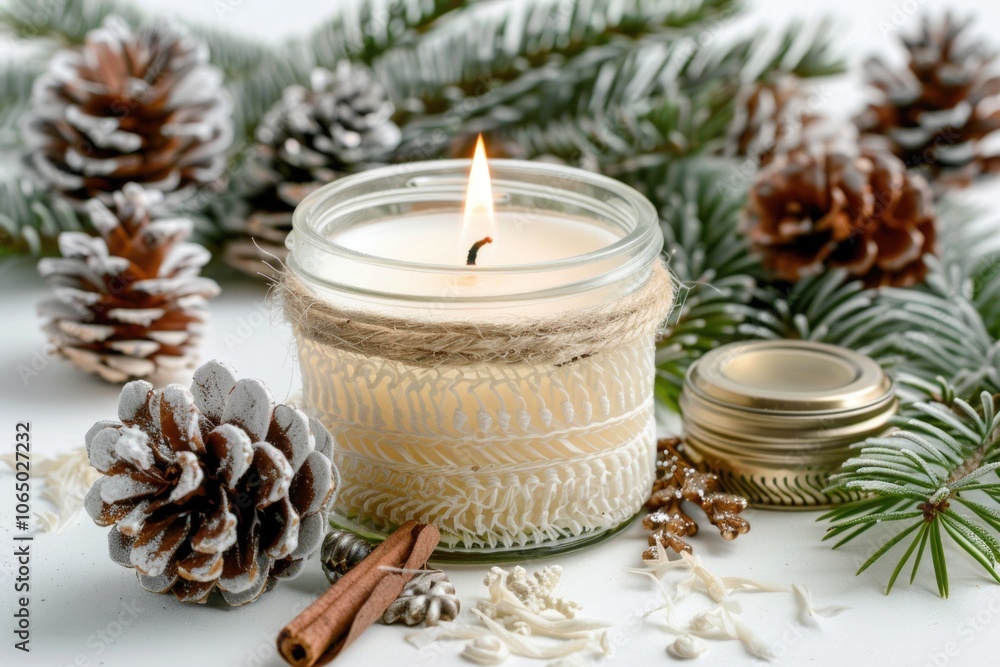A simple still life arrangement featuring a candle and pinecones on a wooden table A simple still life arrangement featuring a candle and pinecones on a wooden table