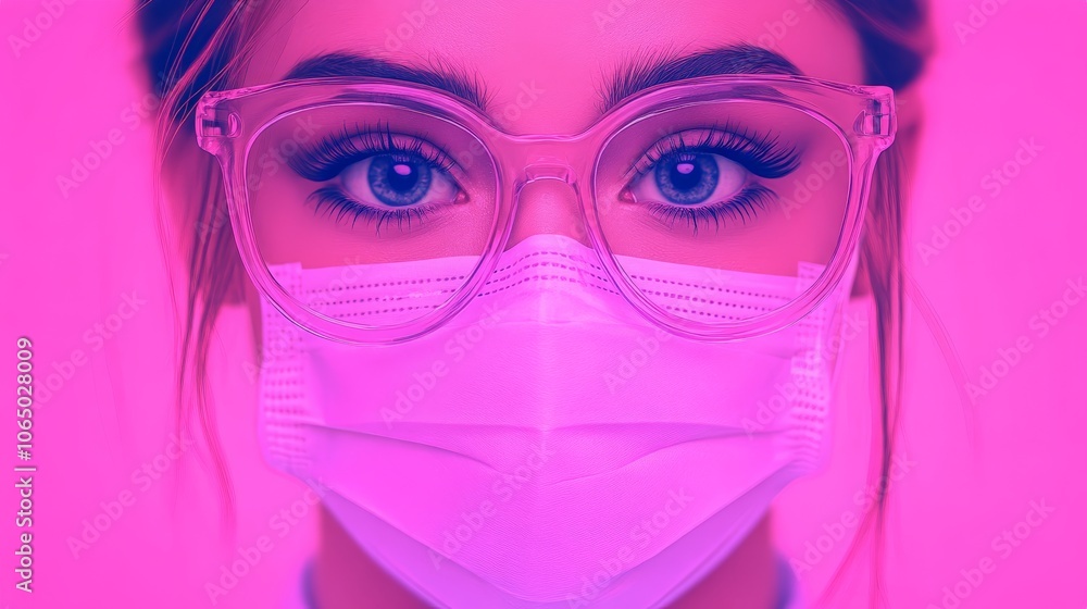 Pink Haze Portrait: A captivating close-up of a young woman wearing glasses and a face mask, bathed in a vibrant pink light. The image is striking and mysterious. Pink Haze Portrait: A captivating close-up of a young woman wearing glasses and a face mask, bathed in a vibrant pink light. The image is striking and mysterious.