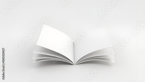 A book mockup created from floating white shapes that resemble pages with a minimalist background
