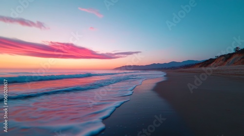 Pink Sunset Beach:  Serene waves lap the shore, kissed by the ethereal glow of a pink sunset, casting a dreamy ambiance over the coastal landscape.  photo