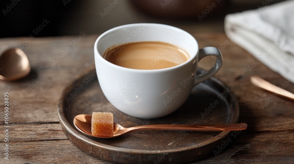 Fototapeta premium Espresso shot with brown sugar on dark wood surface