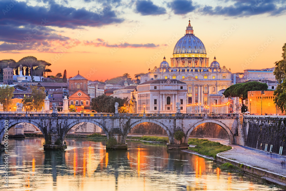Vatican City. St. Peter's Basilica and Ponte St. Angelo in Rome, Italy.