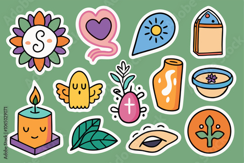 Spirituality sticker collection in doodle style featuring symbols and icons for mindfulness and harmony