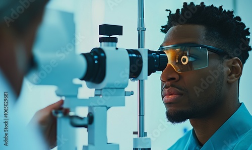 A skilled eye doctor focuses intently on a male patient while conducting laser vision correction using advanced instruments in a medical environment