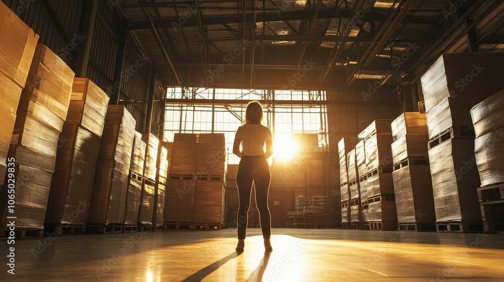 Silhouetted figure standing in a spacious warehouse with stacked boxes, bathed in warm sunlight, symbolizing ambition, logistics, and the industrial work environment. Silhouetted figure standing in a spacious warehouse with stacked boxes, bathed in warm sunlight, symbolizing ambition, logistics, and the industrial work environment.