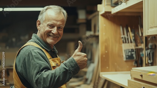 Smiling senior carpenter giving a thumbs-up while working on a wooden cabinet in a workshop, showcasing craftsmanship and satisfaction in woodworking and cabinetry.