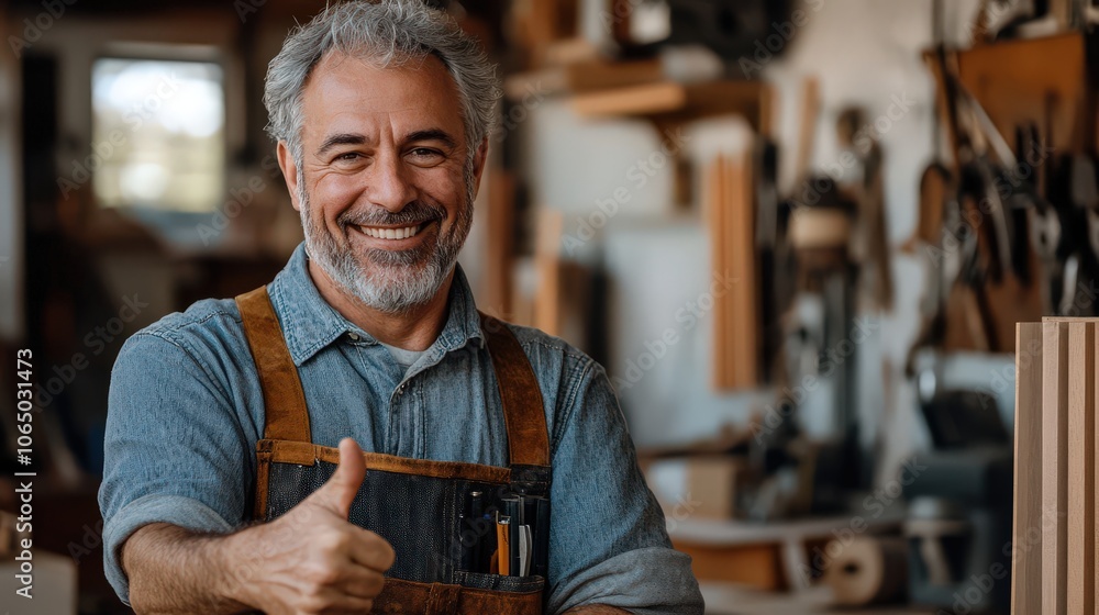 Smiling senior carpenter giving a thumbs-up while working on a wooden cabinet in a workshop, showcasing craftsmanship and satisfaction in woodworking and cabinetry. Smiling senior carpenter giving a thumbs-up while working on a wooden cabinet in a workshop, showcasing craftsmanship and satisfaction in woodworking and cabinetry.