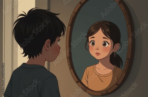 A boy looking in the mirror sees the reflection of a girl, symbolizing self-discovery and transgender identity, representing gender awareness and personal transformation.
