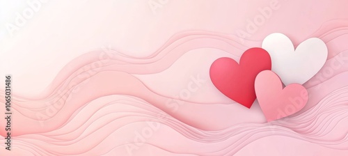 Valentines Day Background, Red And Pink Hearts On A Pastel Pink Abstract Wave Background.