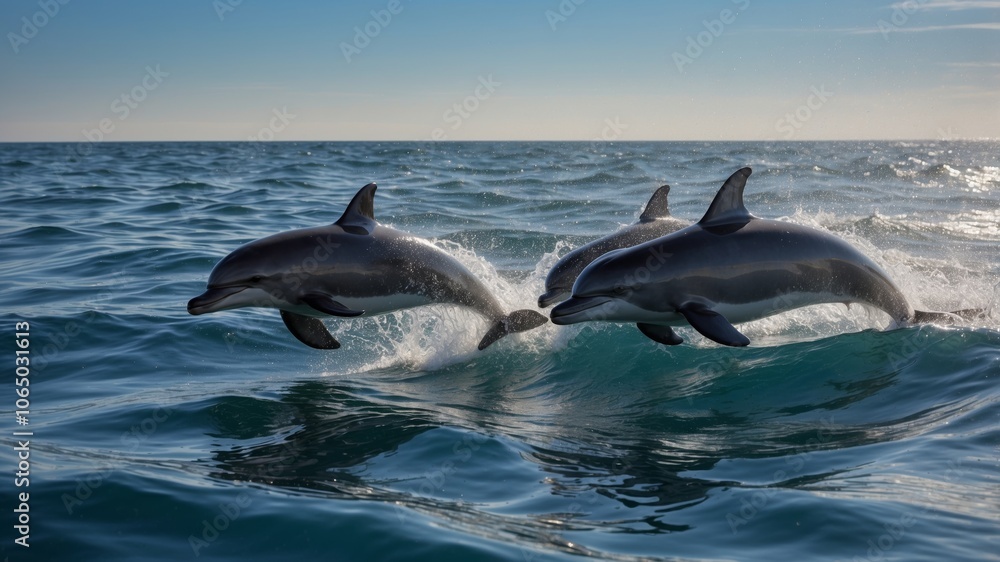 Obraz premium Jumping dolphins against the sea horizon