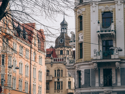 Street in the center of Riga in early spring. Architecture of Latvian capital