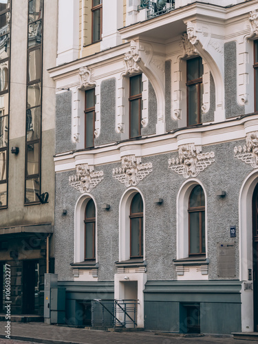 Beautiful building facade in the center of Riga. Architecture of the capital of Latvia