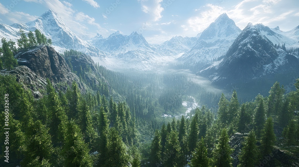 Obraz premium A Misty Valley Surrounded by Snow-Covered Mountains