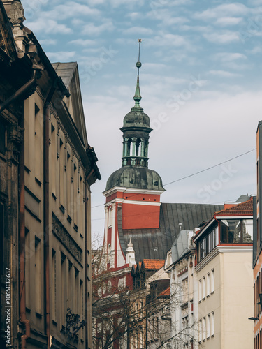 Street in the center of Riga in early spring. Architecture of Latvian capital