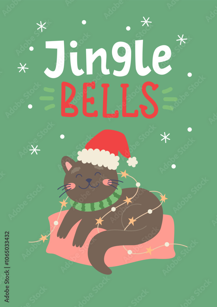 Cute feline with Santa hat laying on a pillow. Christmas cat card. Vector card design template Cute feline with Santa hat laying on a pillow. Christmas cat card. Vector card design template