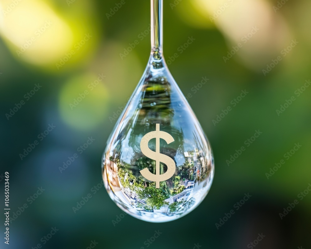 Fototapeta premium A water droplet with a dollar symbol reflects nature, symbolizing the value of resources and the importance of conservation.
