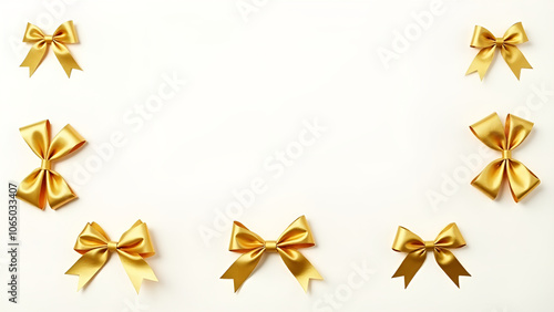 Golden ribbon bows arranged in a decorative pattern against a clean and simple white background