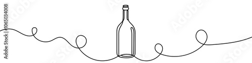One continuous line illustration of a wine bottle, isolated on white background. Line art of a wine bottle