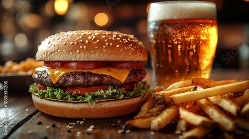 Double whopper burger and wedge fries with a glass of beer photo