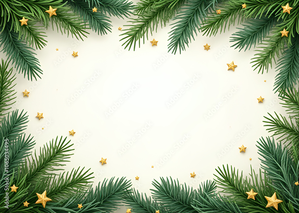 Seamless vector banner featuring a border with green fir branches and gold stars surrounded by pine and evergreen plants Seamless vector banner featuring a border with green fir branches and gold stars surrounded by pine and evergreen plants